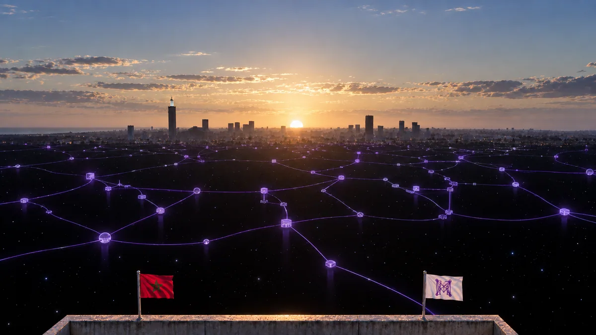 Horizon de Casablanca au coucher du soleil, drapeaux marocain et Magentique au premier plan. Illustration de marque générée avec GPT Image.