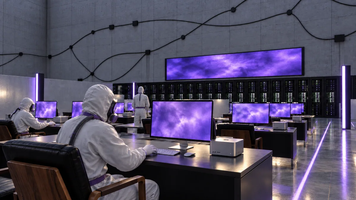 Salle des agents Magentique : postes Mac Studio, écrans violets et serveurs. Illustration GPT Image.