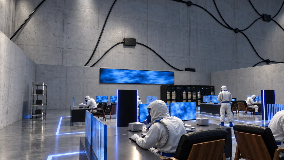 Salle Web Magentique : agents, écrans bleus et serveurs. Illustration GPT Image.