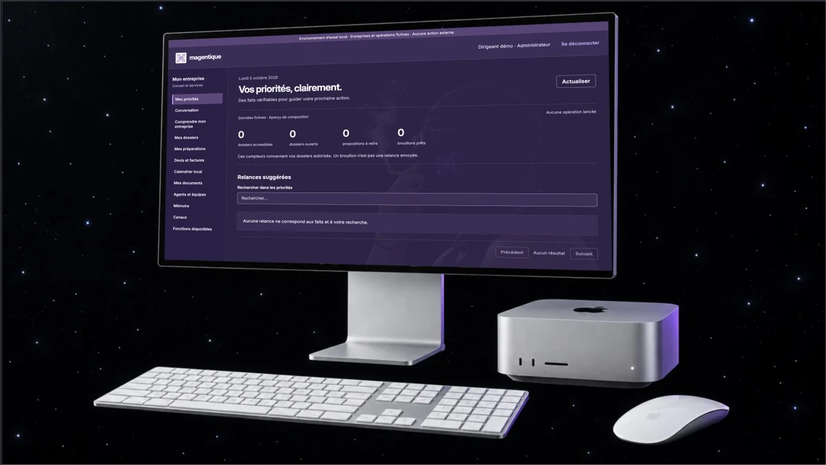 Setup Magentique : écran des priorités en français, Mac Studio, clavier et souris sur un fond étoilé. Données fictives.